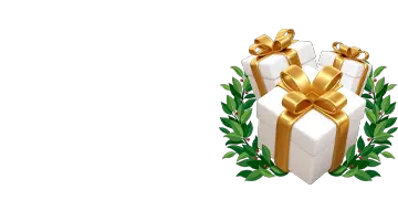 Приветственный бонус от Веб-казино Pinco с изображением ярких подарков и зелёных листьев.